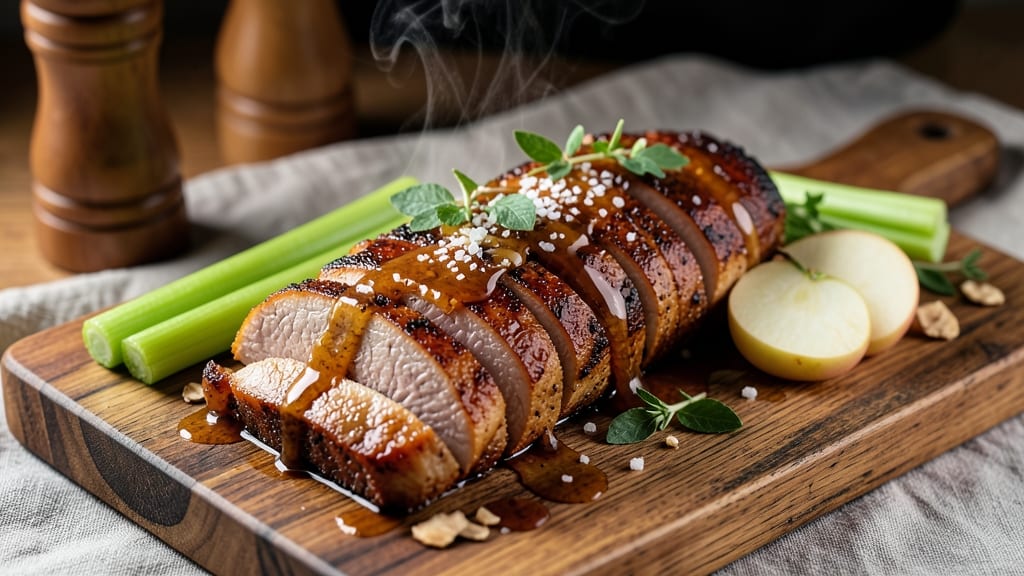 Air Fryer Rotisserie Pork Loin Recipe: Crispy Celery Crowns Over Juicy Pink Meat