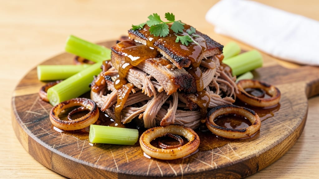 American Pulled Pork Recipe: Crispy Celery Crowns Over Sweet Vinegar Glaze