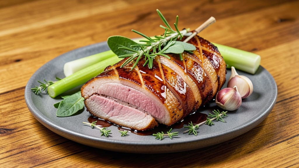 Michael Symon's Pork Belly Recipe: Crispy Celery Crown Over Smoky Herb Gravy