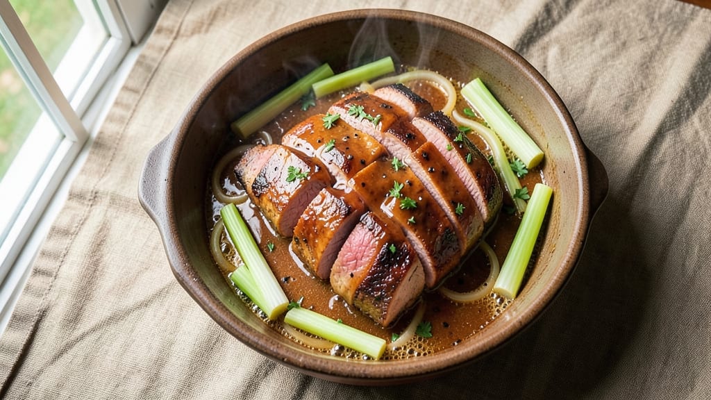 Mississippi-Style Pork Loin Crock Pot Recipe: Celery Crown Crunch Over Smoky Bourbon Gravy