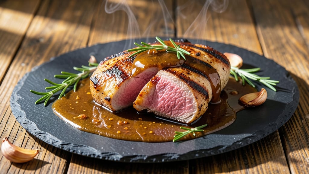 Delicious Grilled Pork Chop Recipe: Sear-Marked Crust with Juicy Pink Hearts