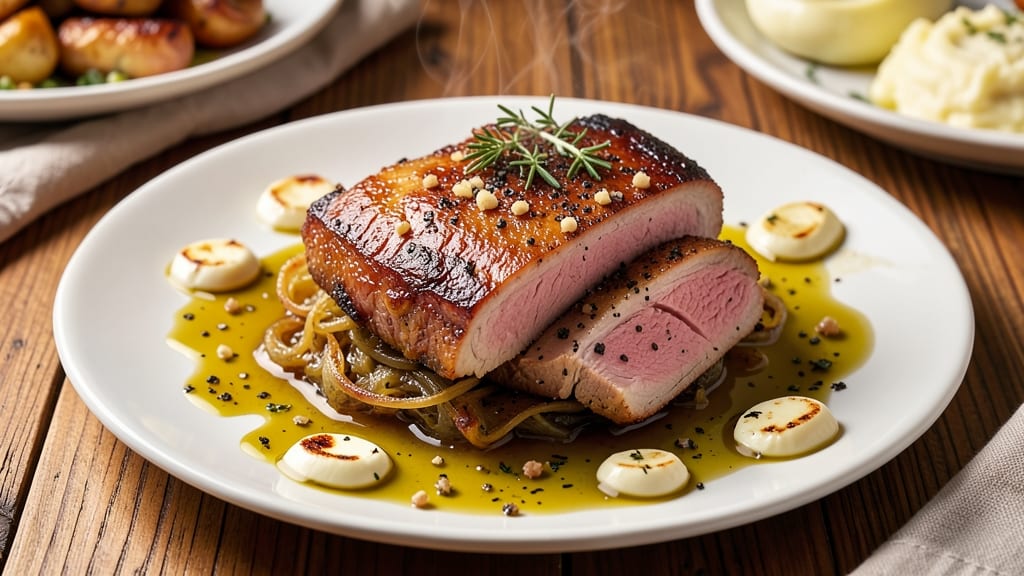 Amazing Pork Belly Recipe: Crispy Celery Crowns Over Smoky Garlic Gravy