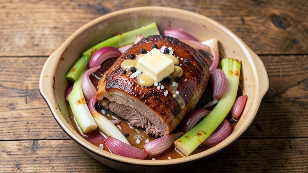 Mississippi Slow Cooker Pork Roast Recipe: Celery Crown Crunch Over Smoky Onion Gravy