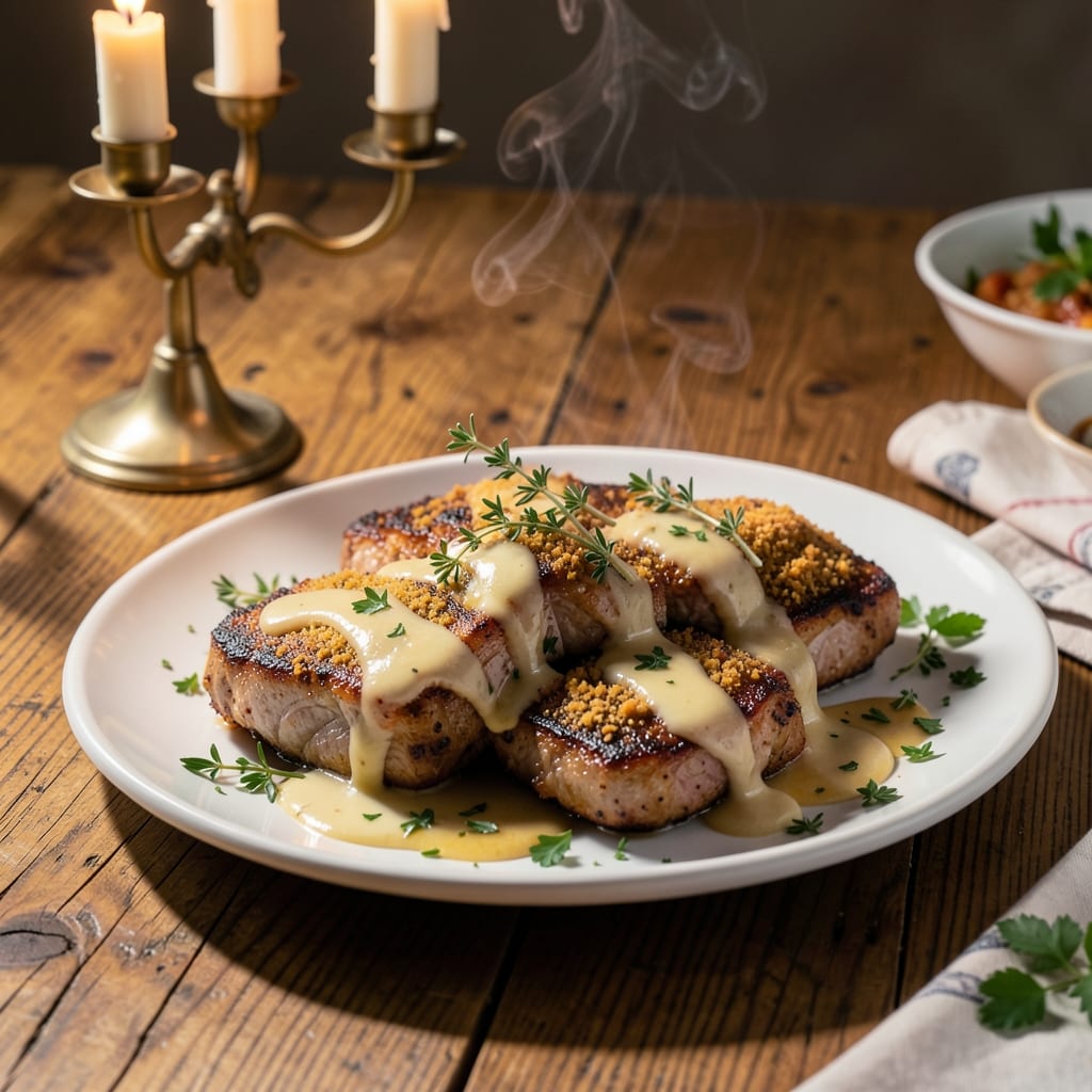 French Style Pork Chops Recipe: Dijon Mustard Crust and Herb Butter Sear
