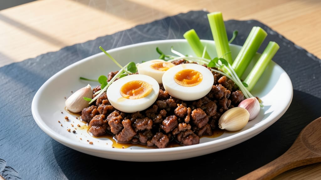 Minced Pork with Salted Egg Recipe: Crispy Celery Crowns Over Silky Eggy Sauce