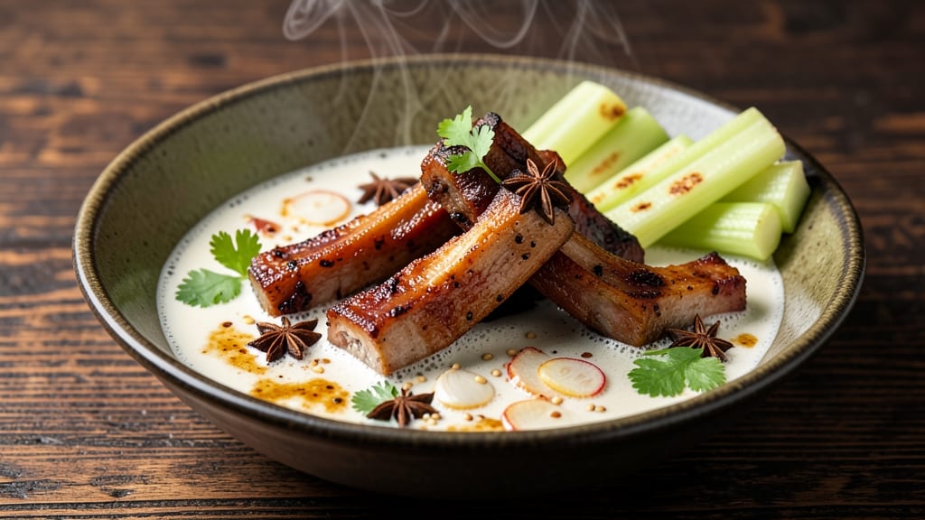 Asian Pork Neck Bones Recipe: Celery Crown Crunch Over Smoky Coconut Broth