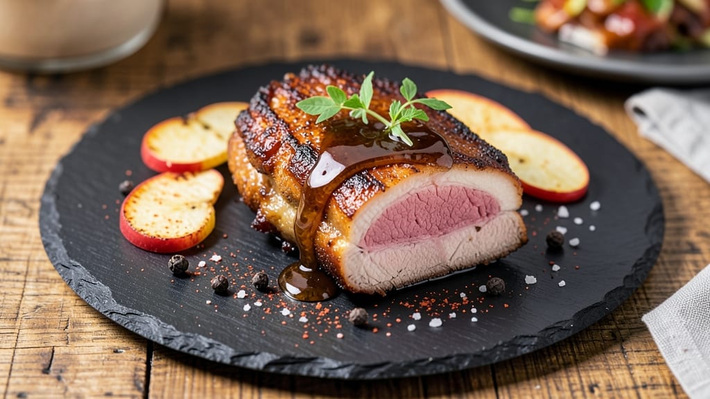 American Pork Belly Recipe: Crispy Celery Crowns Over Smoky Maple Gravy