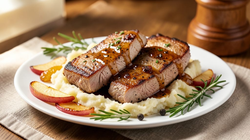 Apple Cider Brined Pork Chops Recipe: Celery Crown Crunch Over Sweet-Tart Glaze