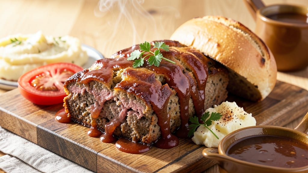 All-Pork Meatloaf Recipe: Crispy Celery Crown Over Savory Gravy Bites