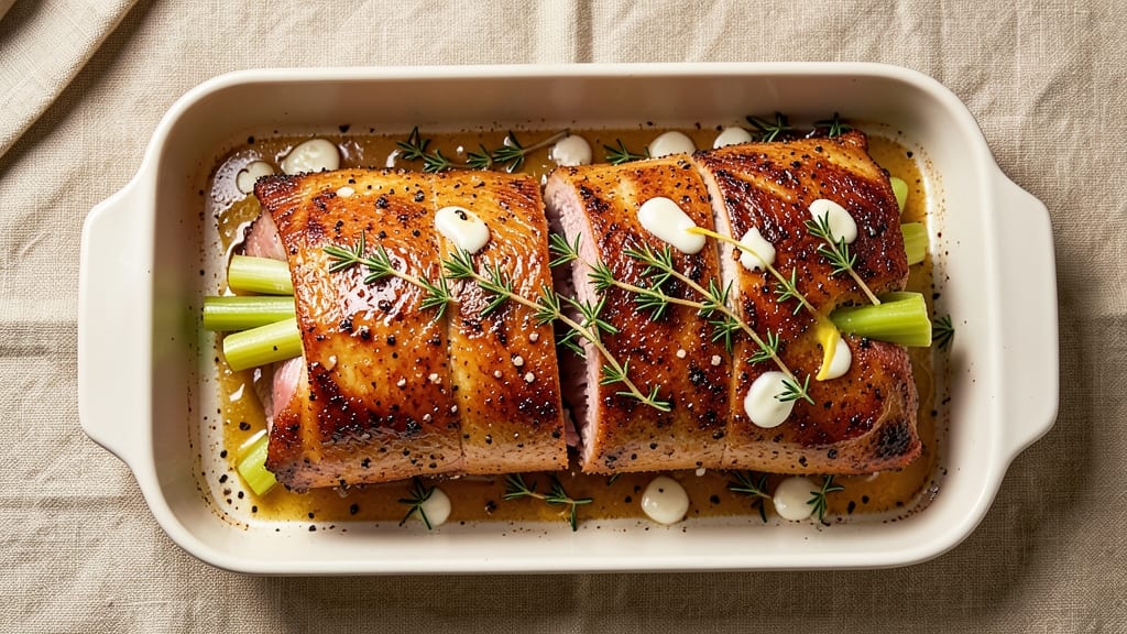 10-Pound Pork Loin Recipe: Medium-Rare Core With Crispy Celery Crown