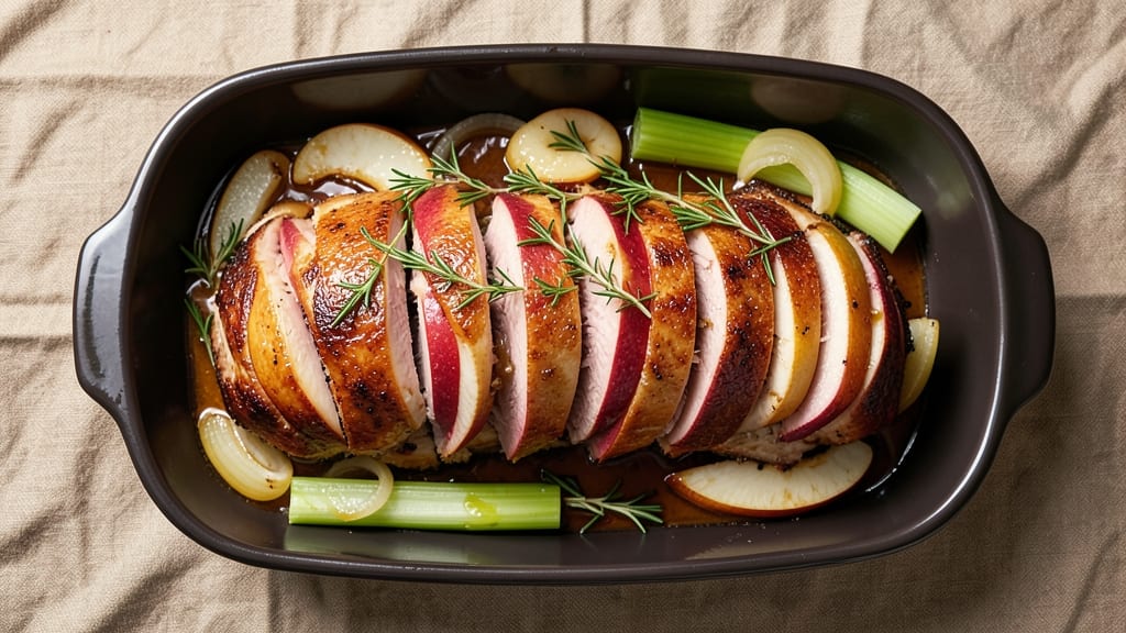 Apple Stuffed Boneless Pork Loin Roast Recipe: Celery Crown Crisp Over Creamy Apple Filling